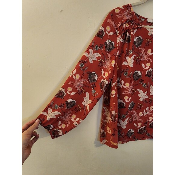 Loft Size Medium RedFloral Tie Neck Blouse Peplum Ruffle Hem Top Career Wear - Picture 4 of 7
